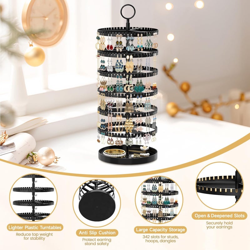 MODOWEY 6 Tier Rotating Earring Holder Organizer Display Tree with Metal Tray, Adjustable Plastic Stand with 342 Slots for Stud Hoop Hanger, Large Capacity Storage Rack for Women Space Saving, Black - Image 5